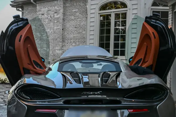 McLaren doors up, rear view